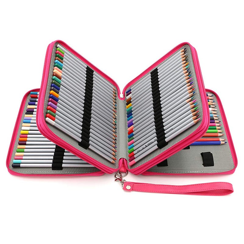 BTSKY Deluxe PU Leather Pencil Case For Colored Pencils - 120 Slot Pencil Holder with Handle Strap Handy Colored Pencil Box Large (Rose Red) - Image 1